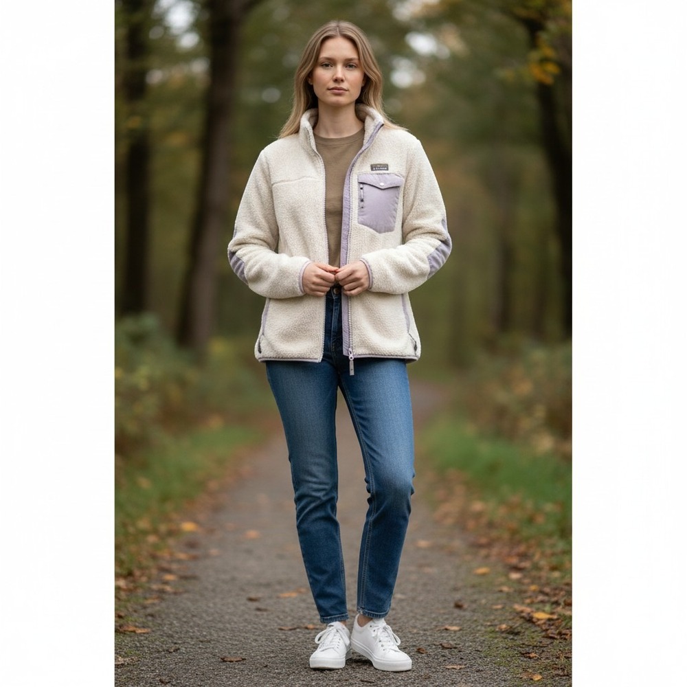 L.L. Bean Fleece Jacket High Pile Elbow Patches Large Cream Gray
